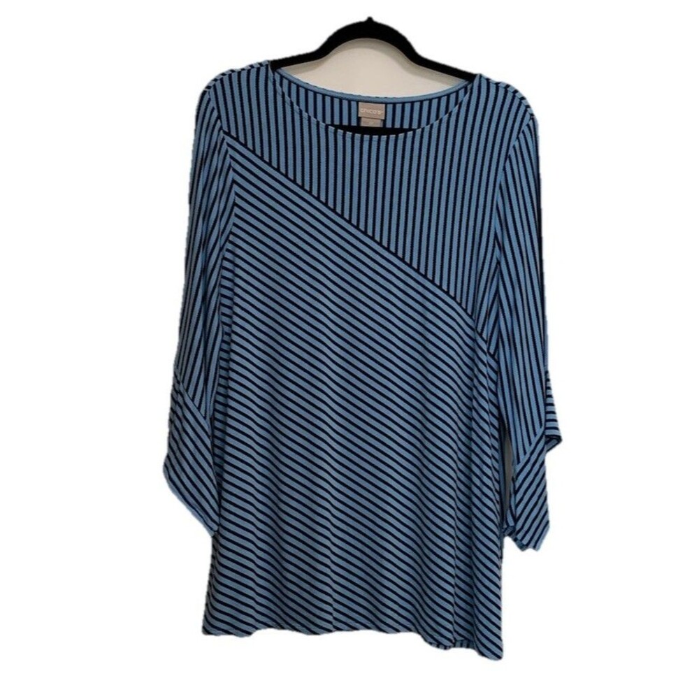 Chicos Size 2 Petite Womens Large Petite LP Top Blue Black Striped Bell Sleeves